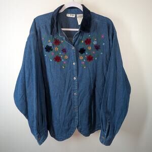 Vintage VJ Woman Chambray Denim Floral Embroidered Button Front Shirt Size 22